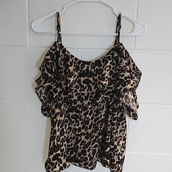 Leopard Print Ruffle Off Shoulder Adjustable Straps Strap Blouse Top - Picture 13 of 13
